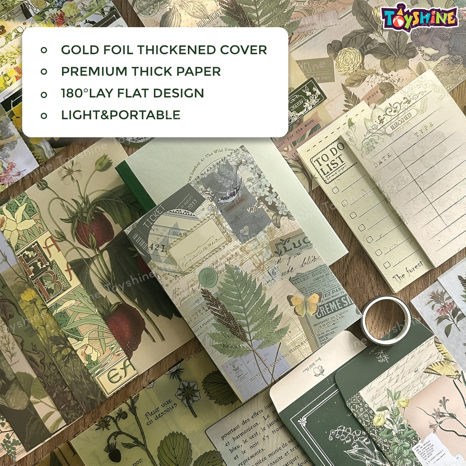 Toyshine Green Field Scrapbooking Vintage Collection - Gift Box Set of 125pcs Aesthetic Journaling Kit, Scrapbook Kit with Stickers, Washi Tapes, Art Craft Gift for Kids Boys Girls Teens - Green