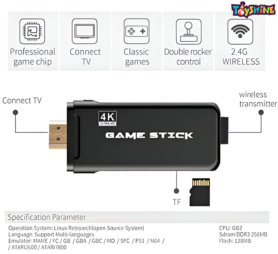 Toyshine Wireless USB Video Game Console Game Stick Built-in 3000 Classic Games 8 Bit Mini Retro Controller HDMI Output Dual Player- 4K Ultra HD Game Stick