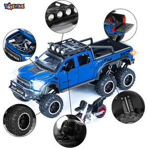 Toyshine 1:28 Scale Die Cast Pickup Truck F150 Raptor Vehicle Toy Car with Music and Lights Along with Pull Back Function, Opening Doors and Back Feature for Kids Boy Girl 3+, Blue