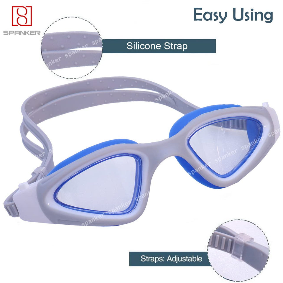 Spanker Ultra Design Anti Fog No Leaking UV Protection Wide View Swim Goggles For Women Men Adult, Blue-White SSTP