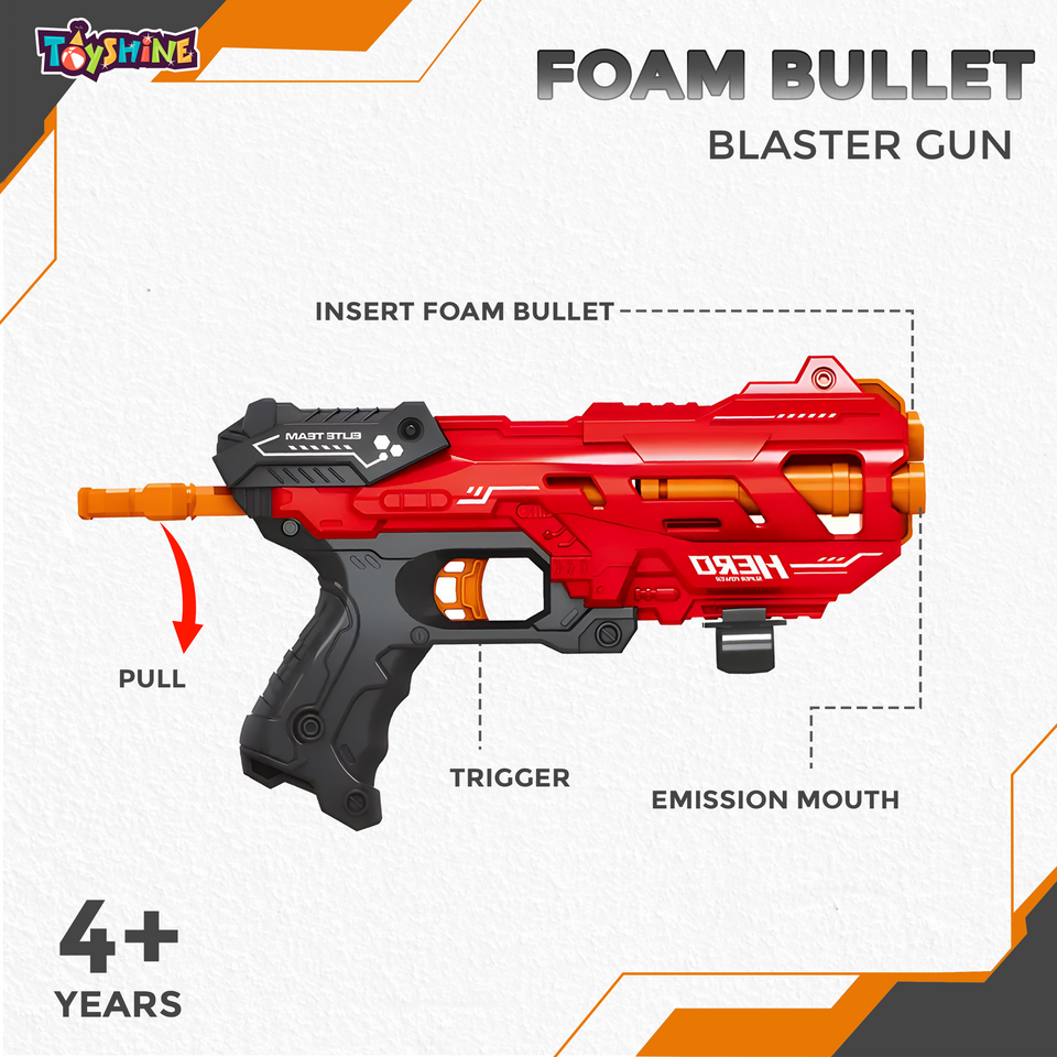 Toyshine Easy to Shoot Foam Bullet Blaster Gun Toy with 8 Pc Soft Bullets Shooting Fun Outdoor Toy for Little Kids - Red