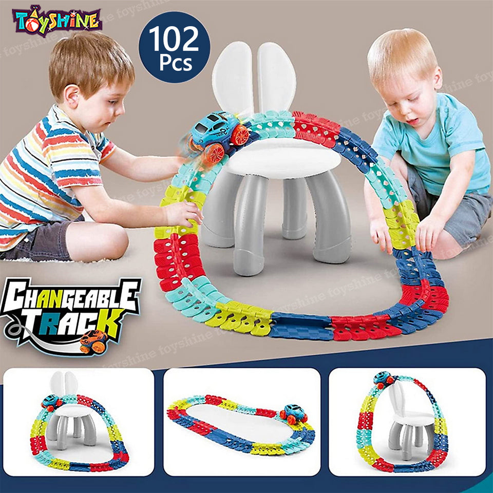 Toyshine Race Tracks Set Car Toy Set Educational Twisted Flexible Tracks 102 Pcs with Electric Car Toys for Kids - Multicolour