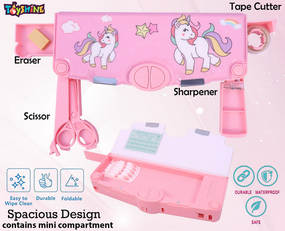 Toyshine Button Enabled Double Compartment Pencil Box, Storages and Sharpner for Kids with Tape Dispenser, Sissors - Unicorn Pink