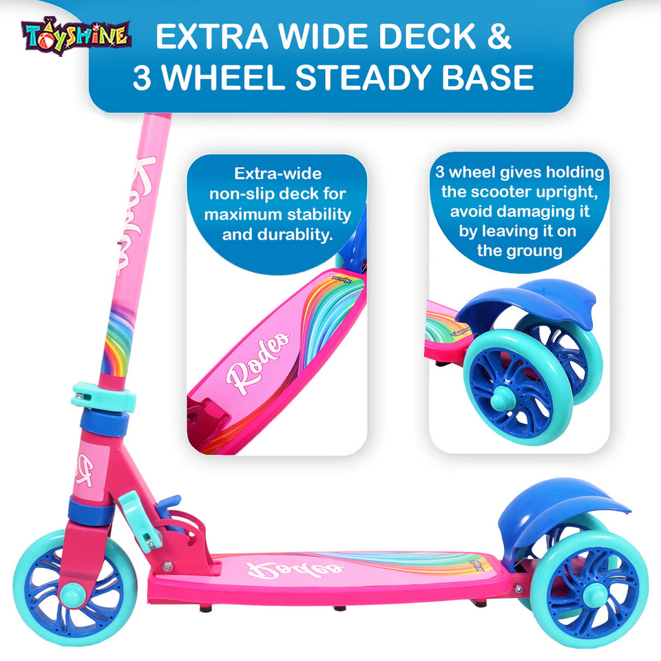 Toyshine Rodeo Runner Scooter for Kids with Anti Slip ABS Base and Aluminium Structure Ride-on, Height Adjustable, 3 Wheel Rider for Boys and Girls Ages 4+, Pink Multi