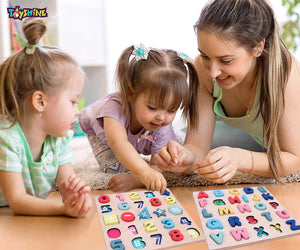 Toyshine Combo Pack of 4 Wooden Toddler Puzzles | 123, ABC, Cutting Bakery and Vegetable | Kids Educational Preschool Puzzles for Children Boys Girls