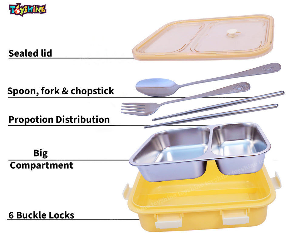 Toyshine Stainless Steel Bento Box for Kids Adults, 2 Compartments Sealed, Breathable Vent, Leak-proof Lunch Box, Keep Foods Separated Food Storage Container, Food-Safe Materials -Yellow