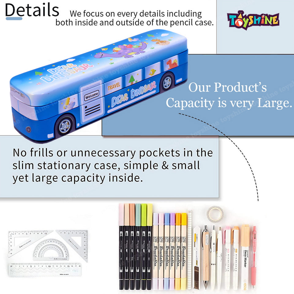 Toyshine Dear Dinosaur Printed Travel Bus Metal Pencil Box Double Comparment - Kids School Supply Organizer Students Stationery Box for Girls Boys