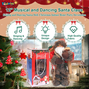 Toyshine 12" Musical and Dancing Santa Claus Holding Gift Bag and Skii stics - Winter Wonderland Themed Christmas Decoration