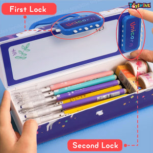 Toyshine Pencil Box with Code Lock Pen Case Large Capacity Multi-Layer Multi-Function Storage Bag Secret Compartment Pencil Box - Unicorn Blue