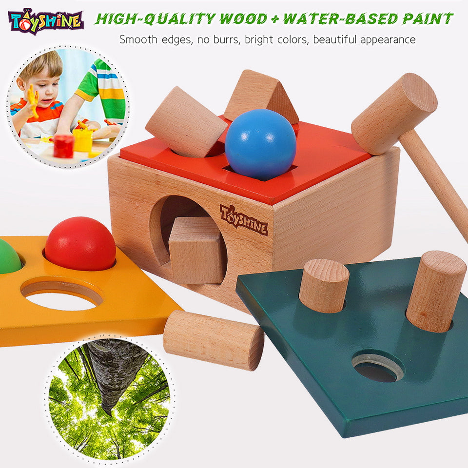 Toyshine Wooden 3 in 1 Wooden Ball Hammer Pound Shape Sorter Toy for Toddlers, 7 Shapes, 3 Balls 1 Hammer Toy Montessori Toys for Baby Boys & Girls Interactive Learning fine Motor Skills Toy
