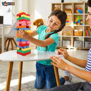 Toyshine 54 Pcs Printed Educational Wooden Stacking Tumbling Tower Blocks Toys, Building Blocks for Kids with Dice -Multi