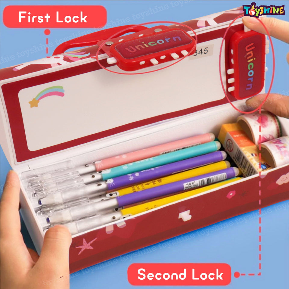 Toyshine Pencil Box with Code Lock Pen Case Large Capacity Multi-Layer Multi-Function Storage Bag Secret Compartment Pencil Box - Unicorn Dark Red