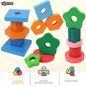Toyshine Pack of 3 Wooden Monstessori Box | Rainbow Ring Stacker, Column Geometric Building Blocks Stacker, Numbers Learning and Writing Board | Gift Present for 2-5 Years Boy Girl Toddler Toy