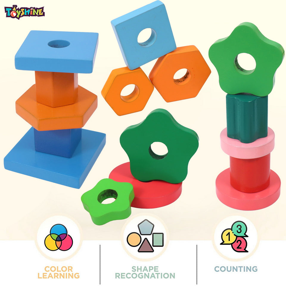 Toyshine Pack of 3 Wooden Monstessori Box | Rainbow Ring Stacker, Column Geometric Building Blocks Stacker, Numbers Learning and Writing Board | Gift Present for 2-5 Years Boy Girl Toddler Toy