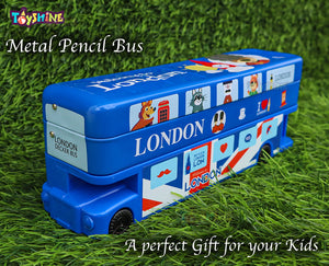 Toyshine Combo Pack of 12 Double Decker London Bus Metal Pencil Box with Moving Tyres and Sharpner | Birthday Return Gift Party Favor for Kids - Blue