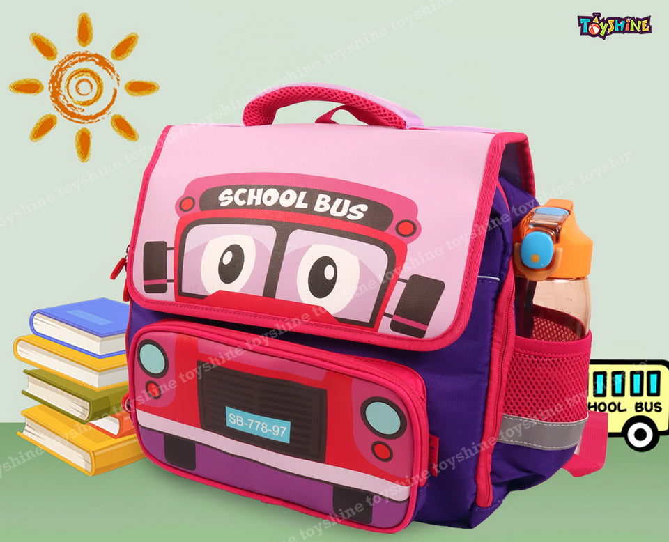 Toyshine Cute School Bus Design Rectangular Shape Bagpack for Preschool | kindergarten | KG-1 | KG-2| School Picnic Travel Bag For Kids Age 2-7yrs (Pink)