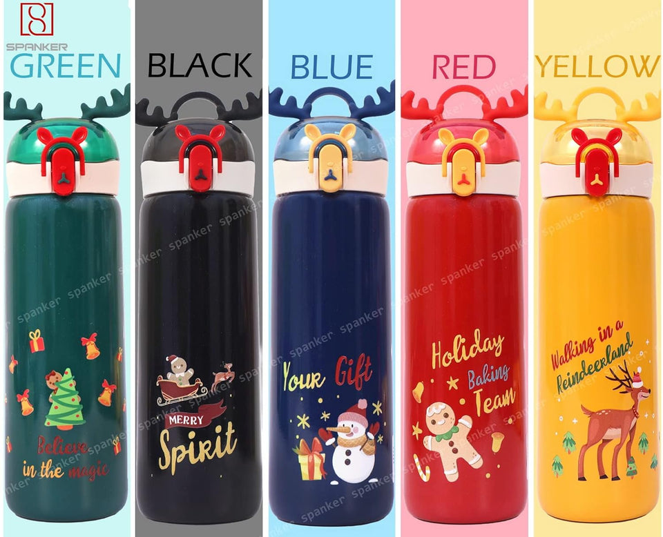 Spanker ReinDeer Shape Edition Insulated SUS 304 Kids Water Bottle Spill Valve Silicone Handle, Pop Button, BPA Free for Kids School, Children's Drinkware - 440 ML - Yellow