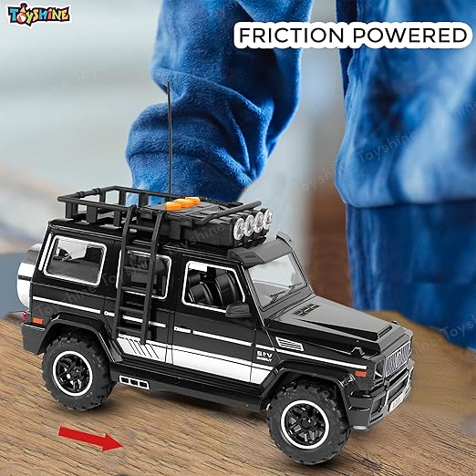 Toyshine 24 * 10cm Friction Powered Jeep with Music and Lights Smooth Push and Go Pretend Play Toy Car inbuilt with Doors Openable Feature Great Gift for Children Boys Girls - Black