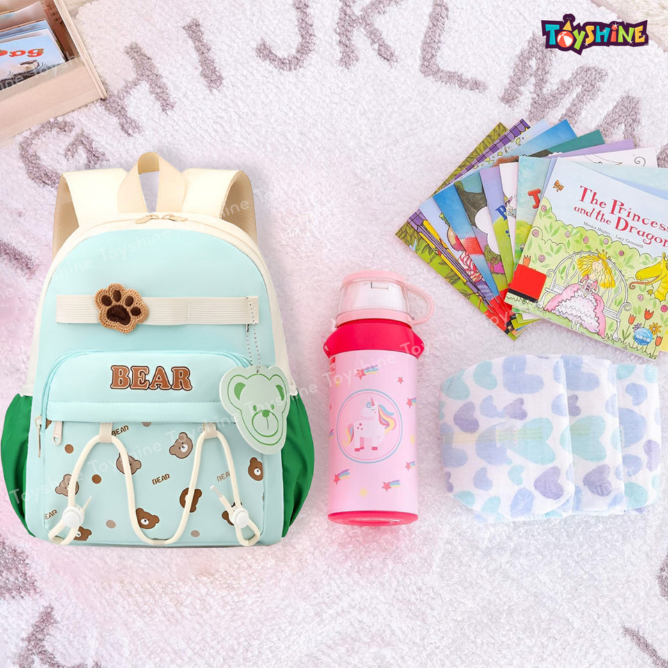 Toyshine 11" Cute Teddy Theme Kindergarten Backpack for Kids Girls Boys Toddler Backpack Preschool Nursery Travel Bag Picnic Bag, Mini Size - Green