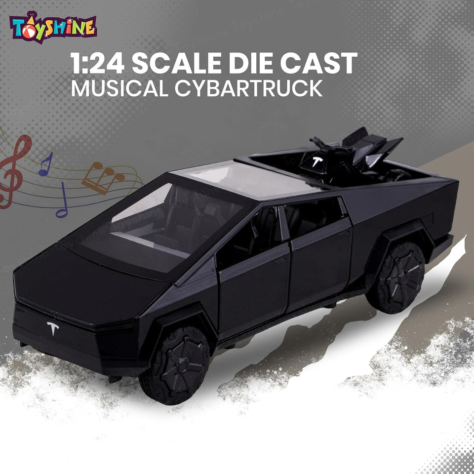 Toyshine1:24 Scale Die Cast Musical Cybartruck Pick-Up Truck with a Motorcycle Along with Pull Back Function Opening Doors and Back Feature for Kids Boy Girl 3+ (Black)