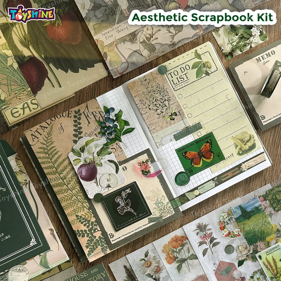 Toyshine Green Field Scrapbooking Vintage Collection - Gift Box Set of 125pcs Aesthetic Journaling Kit, Scrapbook Kit with Stickers, Washi Tapes, Art Craft Gift for Kids Boys Girls Teens - Green