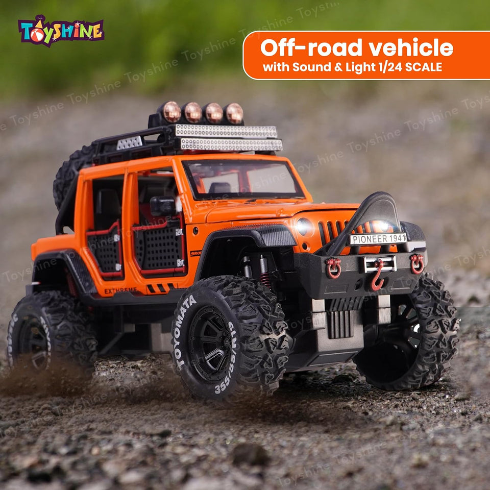 Toyshine 1:24 Scale Die Cast Off-Road Vehicle Toy with Music and Lights | Pull Back Function & Opening Hood Feature Diecast Miniature Model Toy for Car Lovers & Kids 3+, Orange
