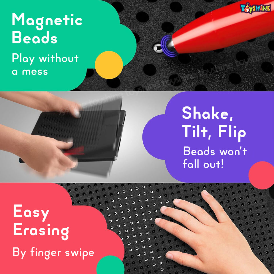 Toyshine Magnetic Drawing Board Magplay Slate inbuilt with 782 Magnetic Balls Erasable Writing Doodle Sketch Pad with Stylus Pen - Black