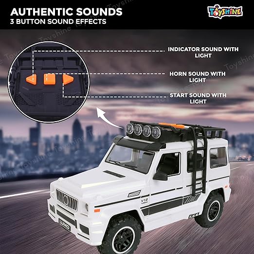 Toyshine 24 * 10cm Friction Powered Jeep with Music and Lights Smooth Push and Go Pretend Play Toy Car inbuilt with Doors Openable Feature Great Gift for Children Boys Girls- White