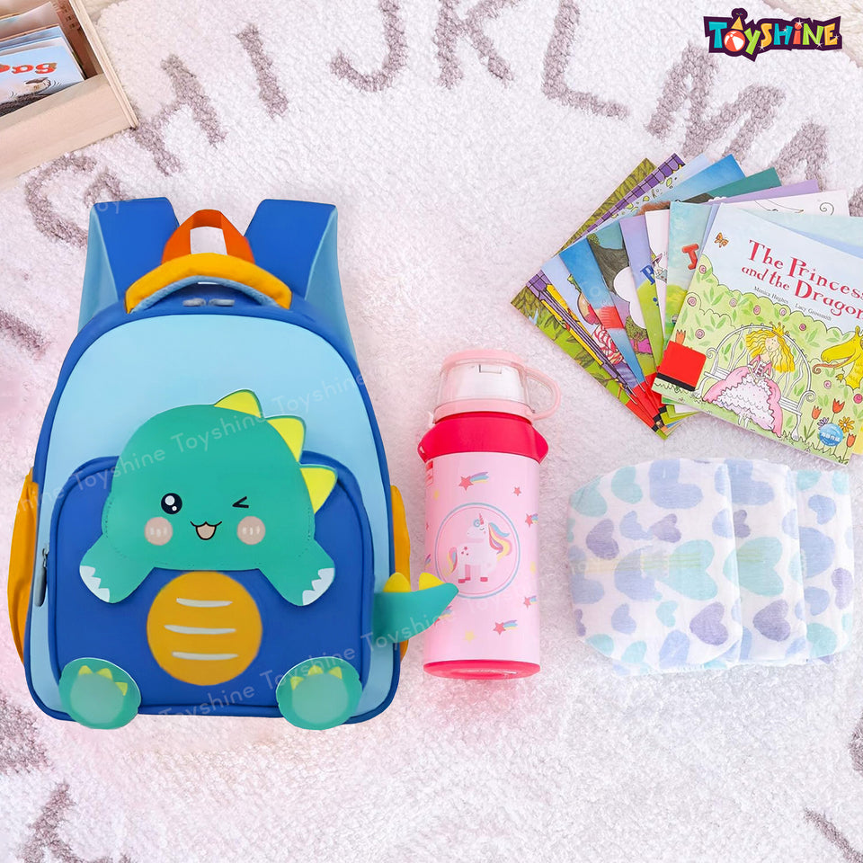 Toyshine 11" Cute Dino Theme Kindergarten Backpack for Kids Girls Boys Toddler Backpack Preschool Nursery Travel Bag Picnic Bag, Mini Size - Blue