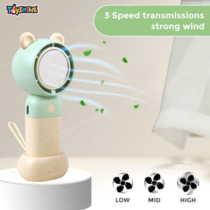 Toyshine Mini Portable Rechargeable Handheld Personal Short Handle Small Desk Fan with 3 speed Airflow | Folding Stand & Inbuilt with Mirror For Kids Girls indoor Outdoor - Yellow