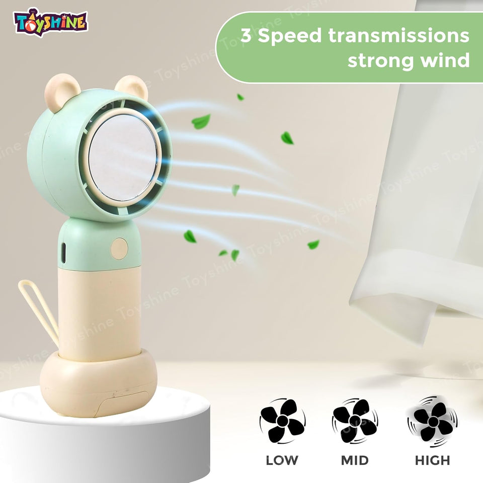 Toyshine Mini Portable Rechargeable Handheld Personal Short Handle Small Desk Fan with 3 speed Airflow | Folding Stand & Inbuilt with Mirror For Kids Girls indoor Outdoor - Yellow