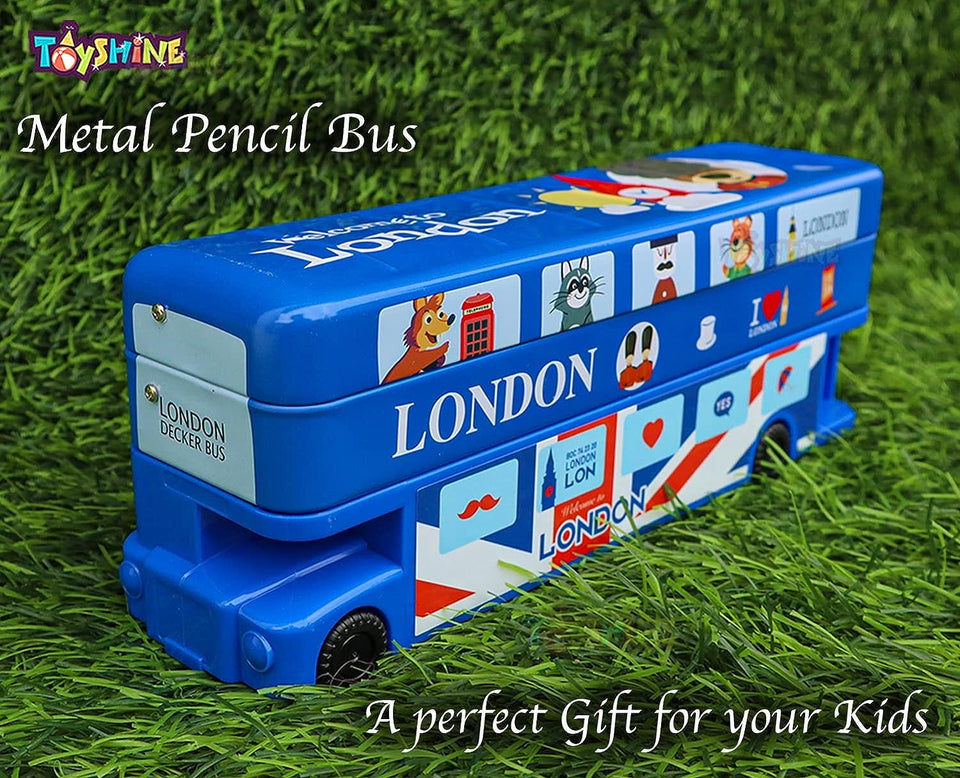 Toyshine Combo Pack of 2 Double Decker London Bus Metal Pencil Box with Moving Tyres and Sharpener | Birthday Return Gift Party Favor for Kids Boys, Birthday Party Return Gift - Red + Blue