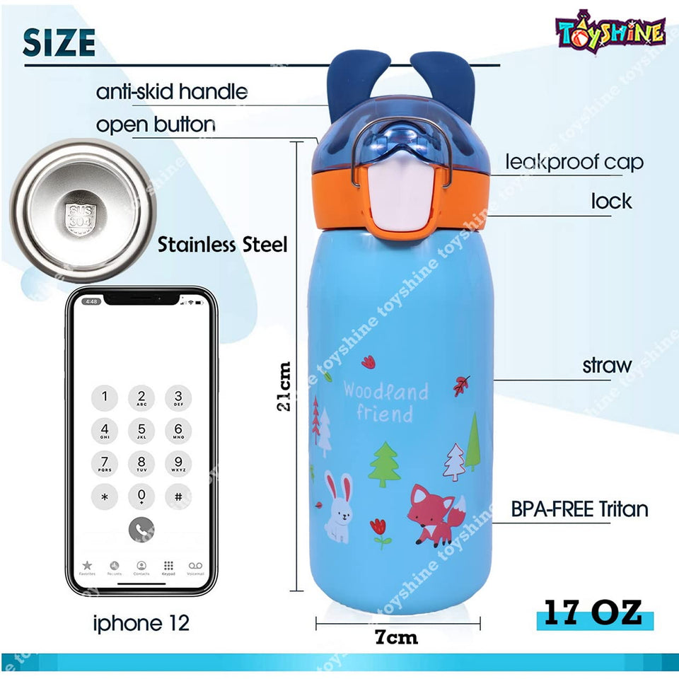 Toyshine Bunny Kids Water Bottle With Straw - Spill Proof Straw Valve, Pop Button, BPA Free Water Bottle for Kids School - Featuring Soft Silicone Handle Grip - Children's Drinkware 400 ML Blue