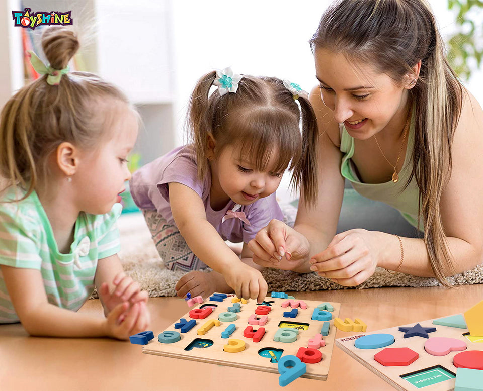 Toyshine Pack of 3 Wooden Combo Set - Rainbow Stacking Rings, Abacus, Small ABC and Shape Puzzle | Play Montessori Toys for Kids for Girls Boys