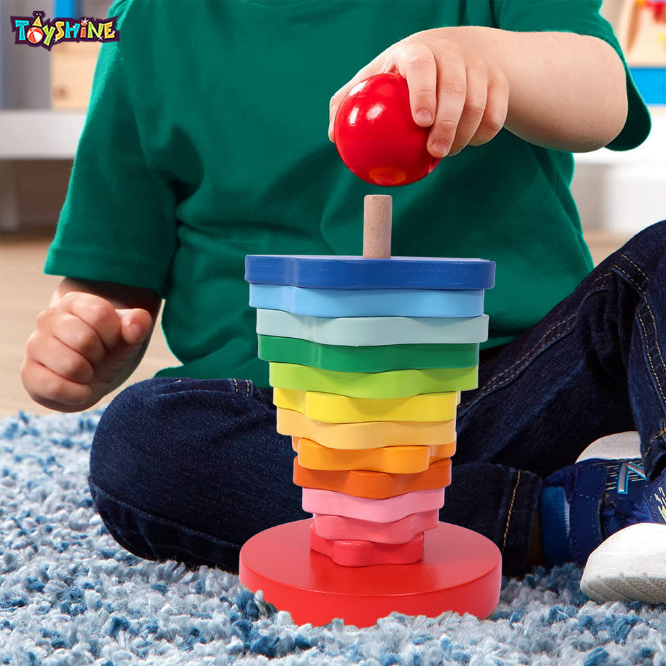 Toyshine Pack of 3 Wooden Combo Set - Rainbow Stacking Rings, Abacus, Small ABC and Shape Puzzle | Play Montessori Toys for Kids for Girls Boys