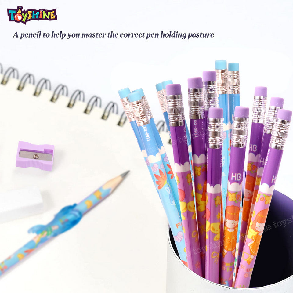 Toyshine Pack of 46 Flower Fairy Pencil Stationary Set - 16 Pencils, 2 Sharpener, 2 Pencil Grip, 24 Stickers, 2 Pencil Cap Birthday Party Return Gift Party Favor for kids