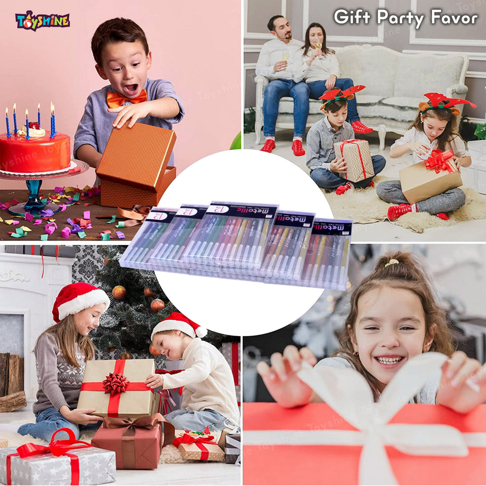 Toyshine 6 Set Glitter Gel Pens1.0mm Metallic Vibrant Sparkle 12 Colors Pens for Coloring Calligraphy Cards Drawing Doodling Crafts Scrapbooks Birthday Return Gift Party Favor for Kids Girls Boys