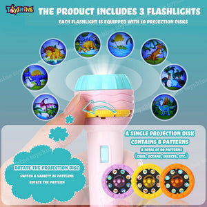 Toyshine 6 Pack Projector Toys for Kids 3 Slids, Projector Flashlight Torch, Kids Projection Light Toy Educational Cartoon Story Torch Projector Bedtime Toy for Kids Best Gift for Kids (24 Patterns)