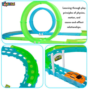 Toyshine 32 Pc DIY Glow Educational Toy Speedway Track Set with 2 Rechargeable Cars Interactive Toys for Kids