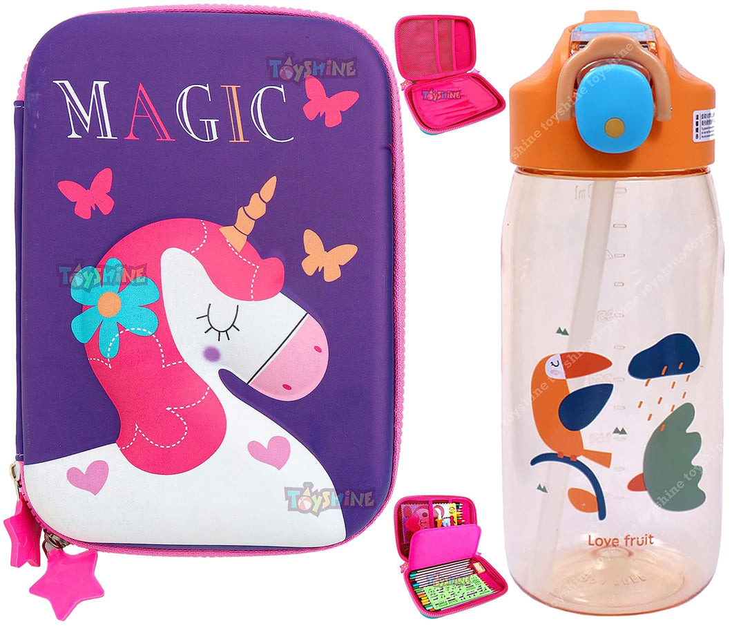 Toyshine Set of 2 Unicorn Magic Hardtop Pencil Case with Tritan Grip Water Bottle