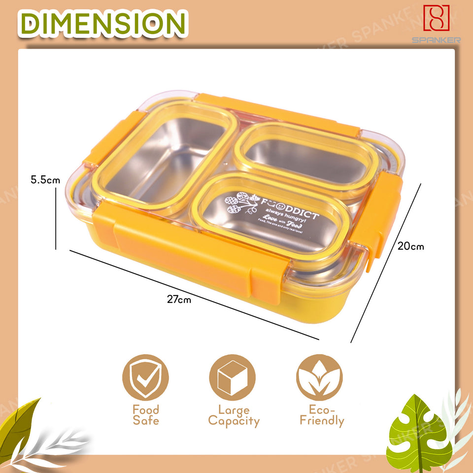 Spanker 800ML Stainless Steel Insulation Portable BPA Free Leak-Proof 3 Grid Capacity Lunch Box Bento Box for Kid Adult Student Children - Orange