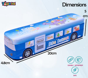 Toyshine Dear Dinosaur Printed Travel Bus Metal Pencil Box Double Comparment - Kids School Supply Organizer Students Stationery Box for Girls Boys