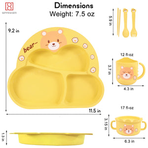 Spanker 7 Piece Mealtime Bamboo Dinnerware for Kids Toddler, Plate and Bowl Set Eco Friendly Dishwasher Safe Great Gift for Birthday - Bubu Bear (Yellow)