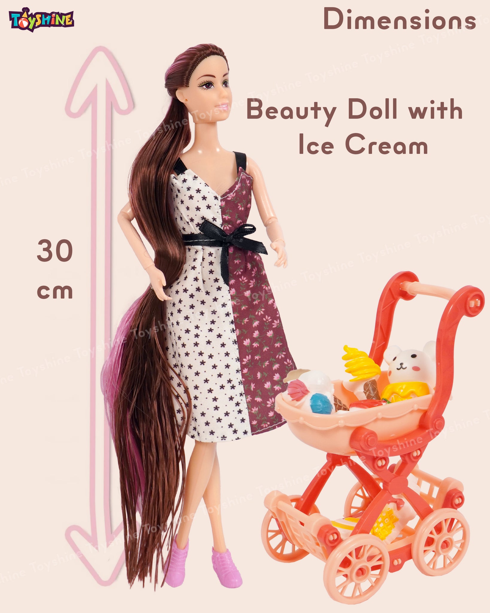 Toyshine Alia Doll with Ice Cream Pretend Play Set for Age 3+ Fun Role Play Toy Set Brown