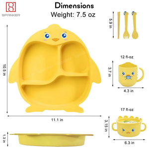 Spanker 7 Piece Mealtime Bamboo Dinnerware for Kids Toddler, Plate and Bowl Set Eco Friendly Dishwasher Safe Great Gift for Birthday - PIPI Pinggu (Yellow)