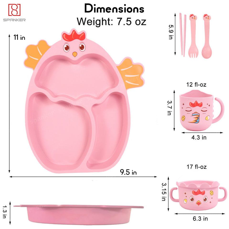 Spanker 7 Piece Mealtime Bamboo Dinnerware for Kids Toddler, Plate and Bowl Set Eco Friendly Dishwasher Safe Great Gift for Birthday - Kuku Cock (Pink)