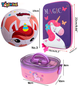 Toyshine Set of 3 Unicorn Combo Pack | Football, Pouch, Lunch Box | Gift Set for Kids, School Supplies