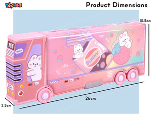 Toyshine Sunny Rabbit Double Compartment Bus Pencil Box with Moving Tyres Button Enabled Storages and Sharpner for Kids - Pink