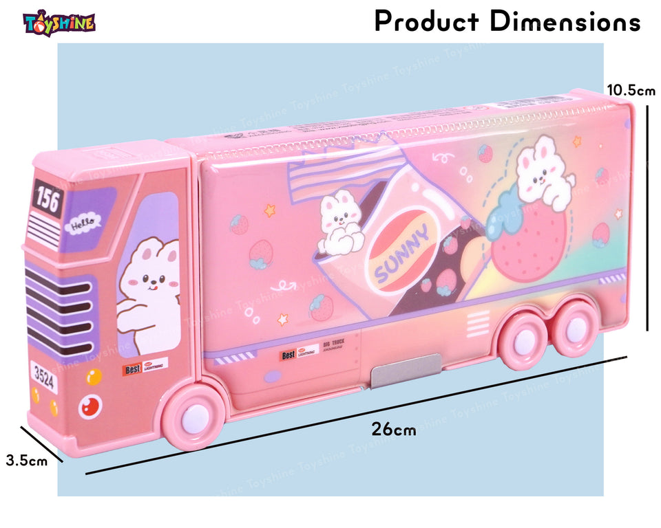 Toyshine Sunny Rabbit Double Compartment Bus Pencil Box with Moving Tyres Button Enabled Storages and Sharpner for Kids - Pink