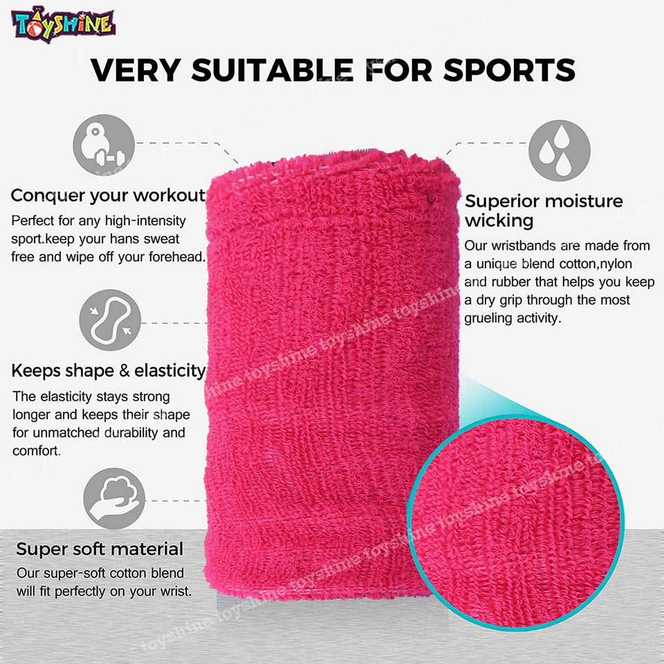 Toyshine Thick Cotton Wristbands (5 INCH), Athletic Sweat Bands for Sports Activities - Pack of 2 Pairs Pink/Neon (SSTP)